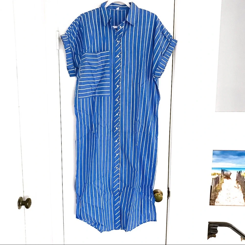 π BLUE WHITE STRIPE COLLARD SHIRT MAXI DRESS! - Picture 7 of 11